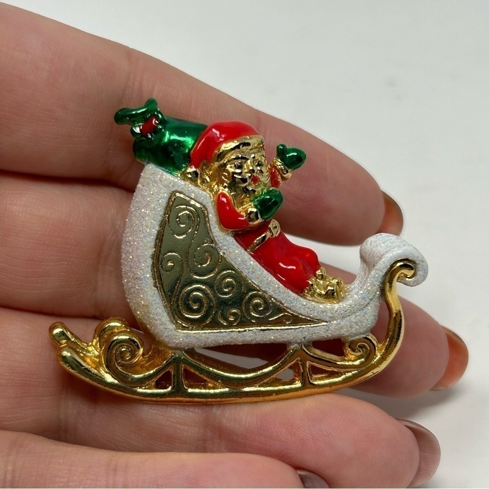 Vintage Red and Green Enamel Santa on Gold Tone Sleigh Brooch Christmas Holiday
